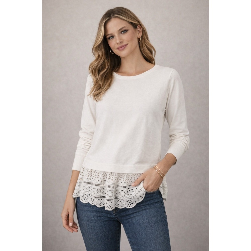 J.Crew Women White Eyelet Lace Hem Sweatshirt Long Sleeve Crew Neck Small